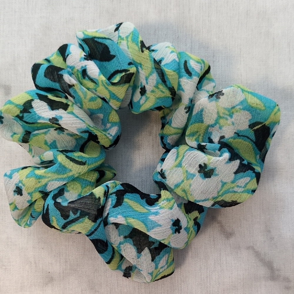 3/$20 Floral Scrunchie with Blue and Green Pattern
